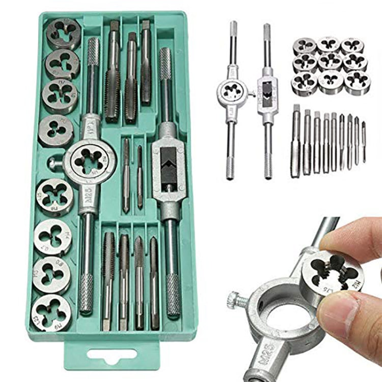 Open teal tap and die kit with dies and taps, plus hand holding a die