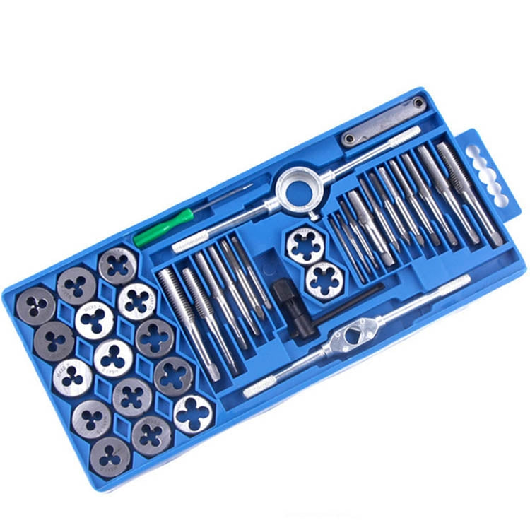 Blue thread tap and die set case with assorted round dies and metal taps