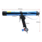 Pneumatic glass glue gun size diagram, blue barrel, black handle, pressure gauge