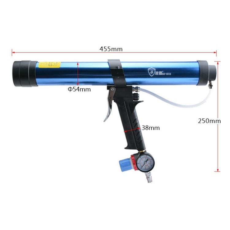 Pneumatic glass glue gun size diagram, blue barrel, black handle, pressure gauge