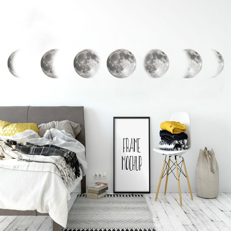 Silver moon phase wall stickers with cratered crescents and full moons in a row.