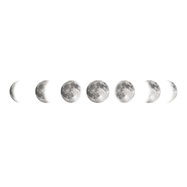 Silver moon phase decals showing crescent moons and cratered full moon circles.