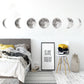 Silver moon phase wall decals with cratered crescents and full moons across the wall.