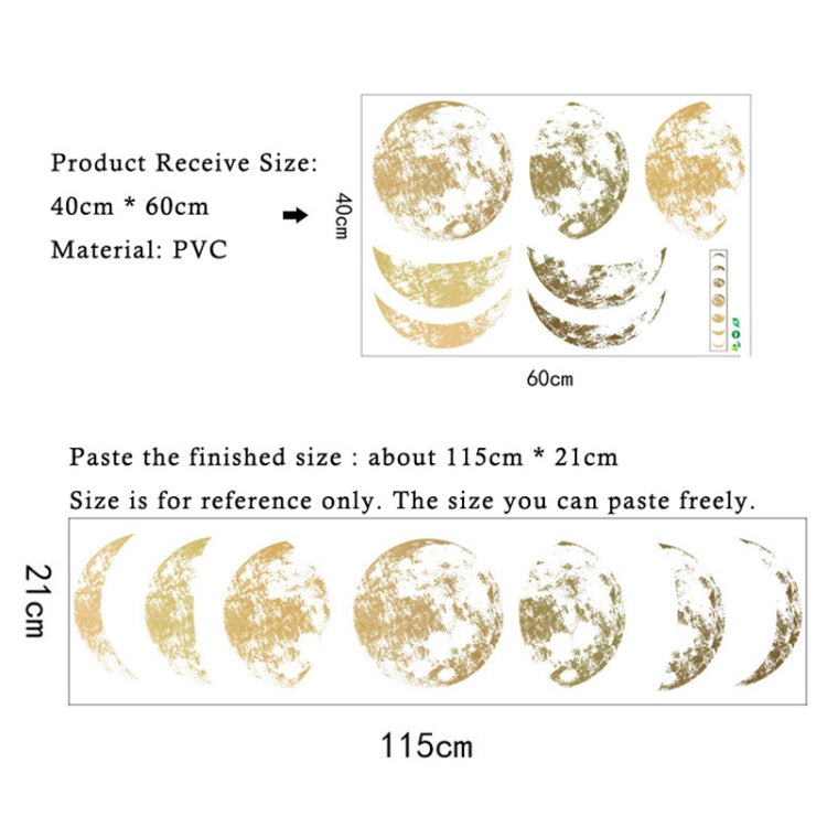 Gold moon wall sticker size diagram with moon phase decals and placement guide.