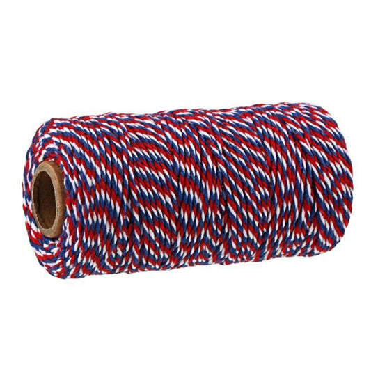 Two-color cotton cord on a spool, blue and red with white threads, 2mm thickness.