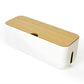 White charger socket organizer box with wood-look top and side cable opening