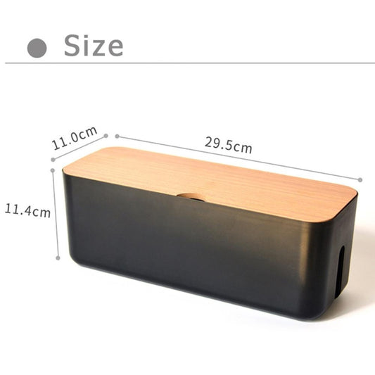 Black charger socket organizer with wood-look lid and side anti-dust cable slot