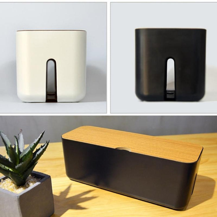 White and black charger organizer boxes with wood-look top inserts and side openings