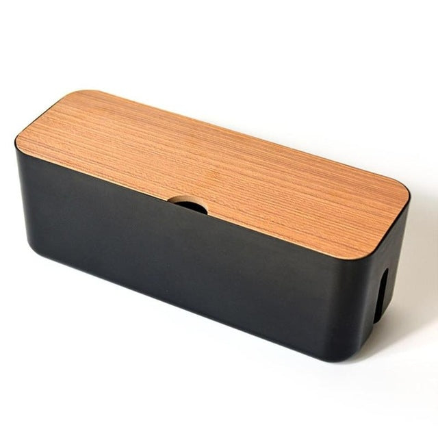 Black power cable storage box with wood-look lid and side anti-dust cable opening