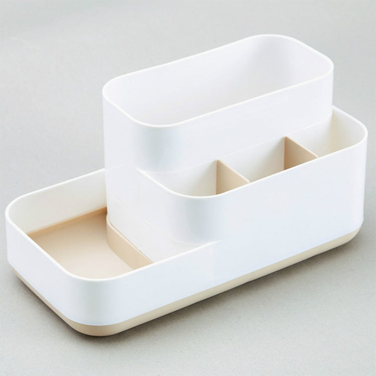 Plastic desktop cosmetics organizer with two levels and divided compartments, white finish