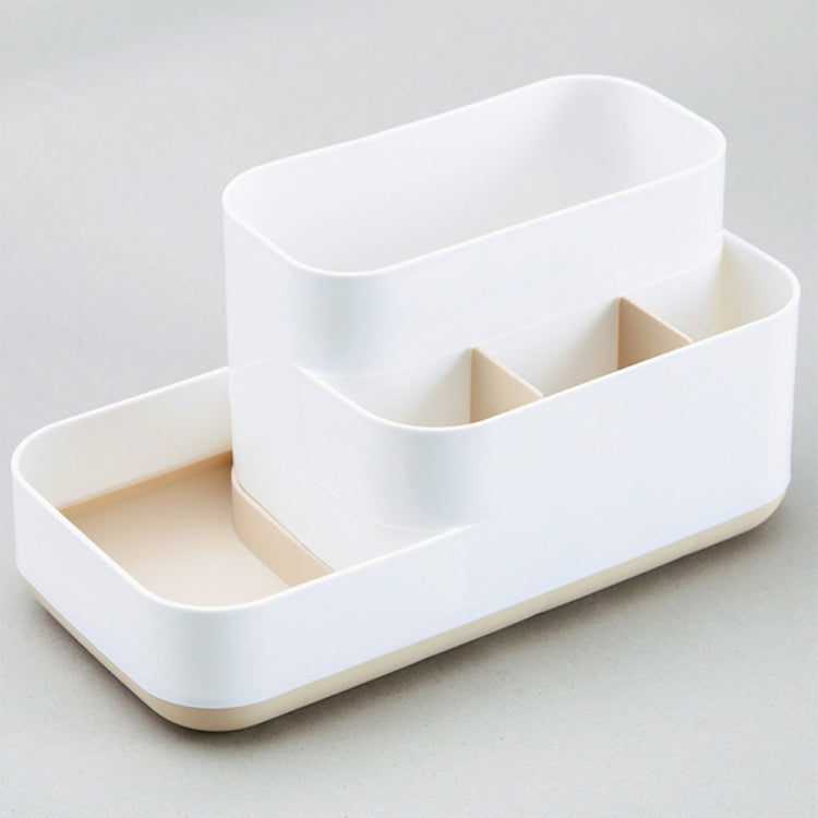 White plastic desktop cosmetics organizer tray with two-tier storage and three inner dividers