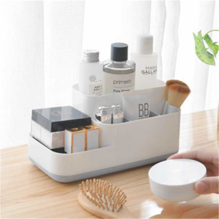 White plastic cosmetics organizer bin with multiple sections for bottles and makeup tools