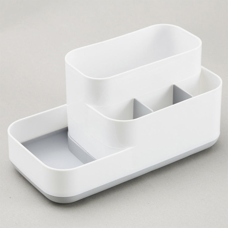White plastic desktop cosmetics storage box with two-tier design and side divider sections