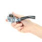 Marble-pattern metal smoking pipe held in hand with curved black mouthpiece