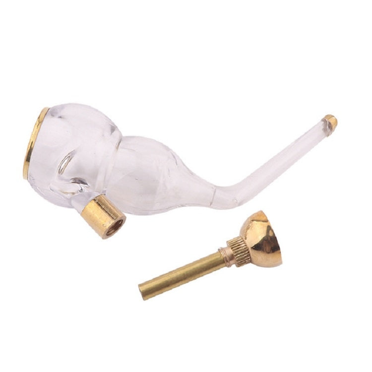 Mini acrylic hookah with clear body, curved mouthpiece, and copper-toned base
