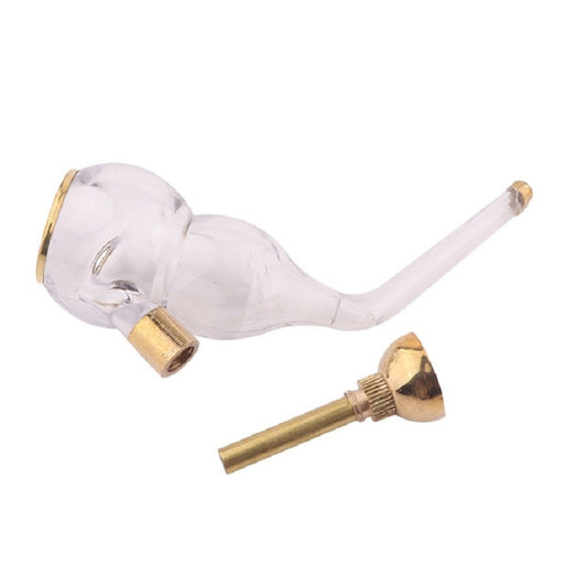 Mini acrylic hookah with clear body, curved mouthpiece, and copper-toned base