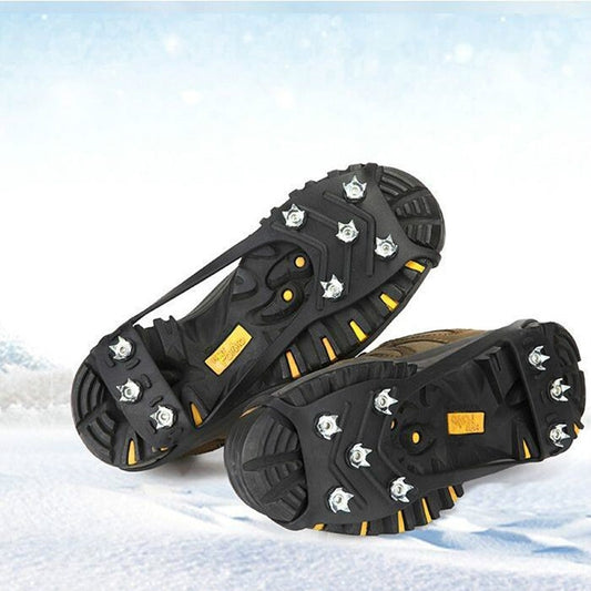 Black ice traction shoe covers with 8-tooth steel crampons and anti-slip rubber pads
