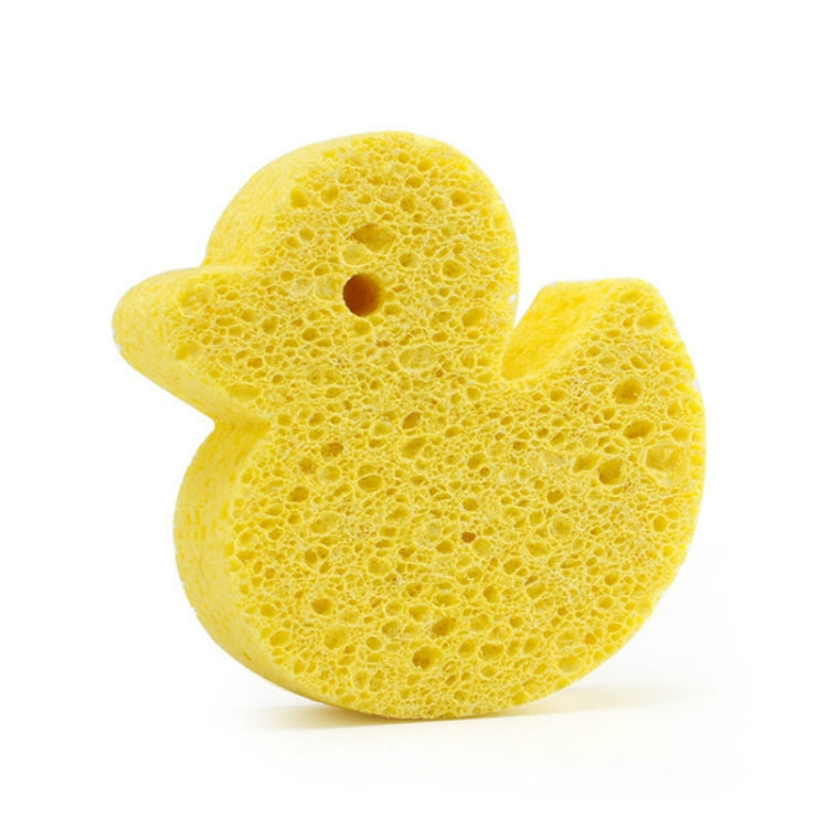 Yellow duck-shaped bath sponge with small face cutout on front