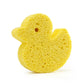 Yellow duck bath sponge with rounded body, wing shape, and small face hole