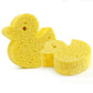 Yellow duck bath sponge set with three pieces, including a round belly sponge