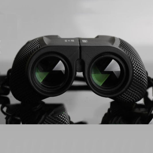 ROLISS 10x25 binoculars, front view with green-tinted eyepieces and central hinge