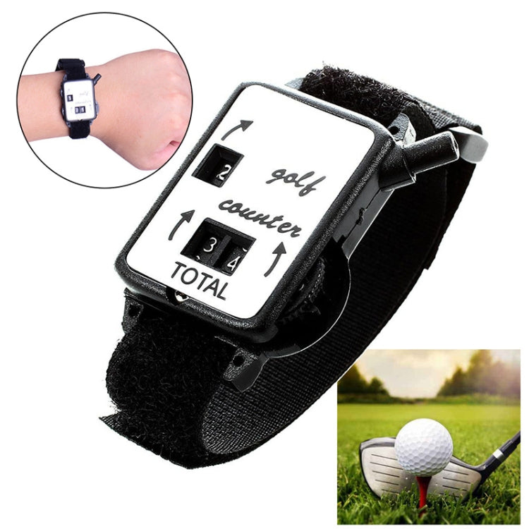Portable golf counter watch with black fabric strap and square digital display