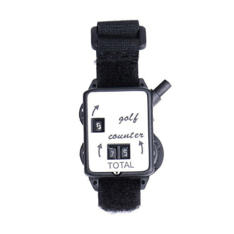 Portable golf counter watch with black strap and square display showing counter totals