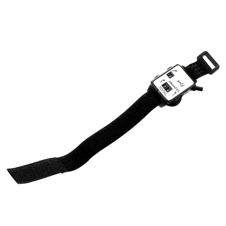 Portable golf counter watch with black strap and rectangular screen module