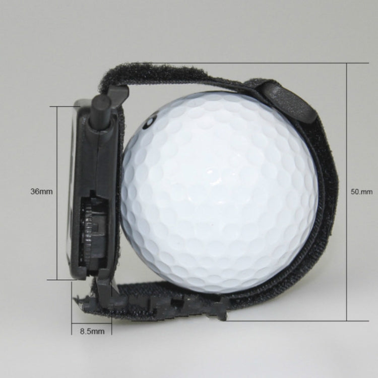 Portable golf counter watch shown next to a golf ball; black strap and screen