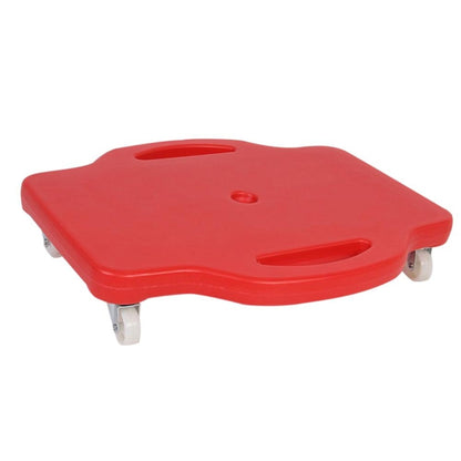 Children's red four-wheel balance scooter deck with carry handle cutout and three front caster wheels