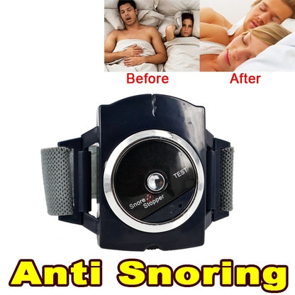 Anti-snoring wrist device with dark strap and round control buttons
