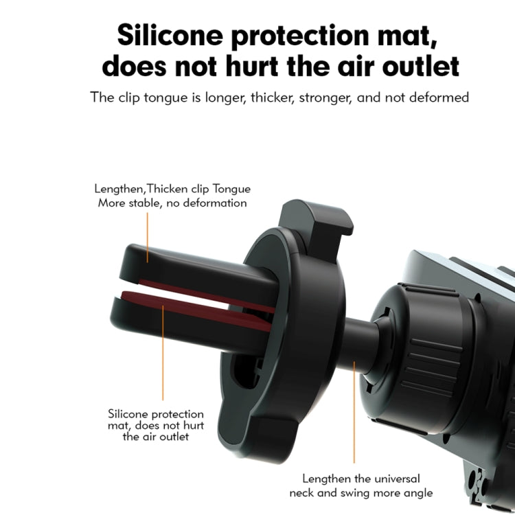 Car air vent phone holder with silicone-protected clip and adjustable cradle arms