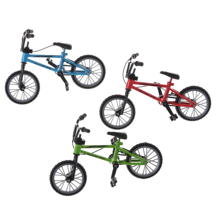 Set of mini kids finger bike toys in blue, red, and green with black details