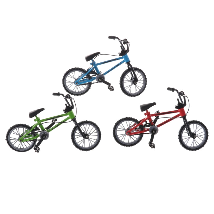 Mini kids finger bike toys in blue, green, and red, angled side views