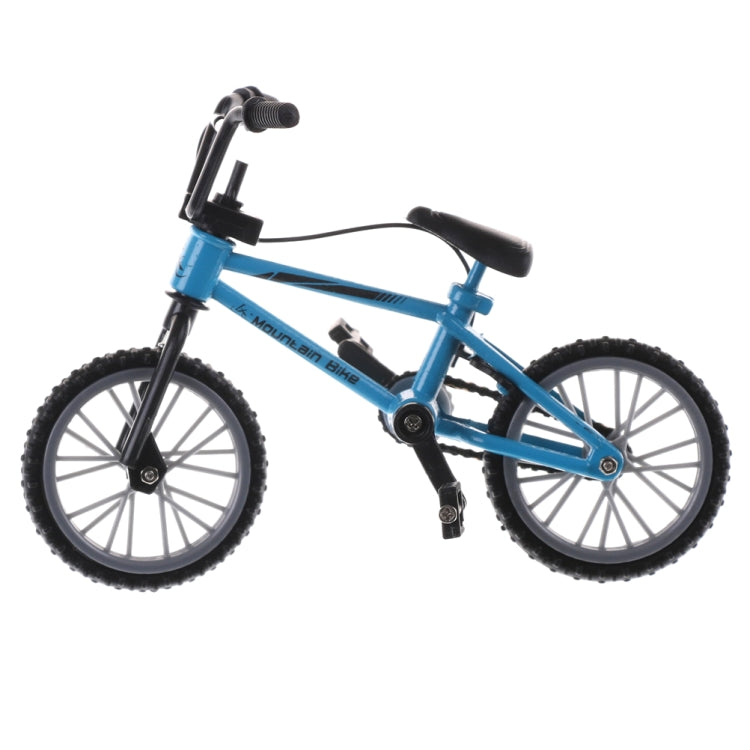 Blue mini kids finger bike toy with black handlebars and treaded tires