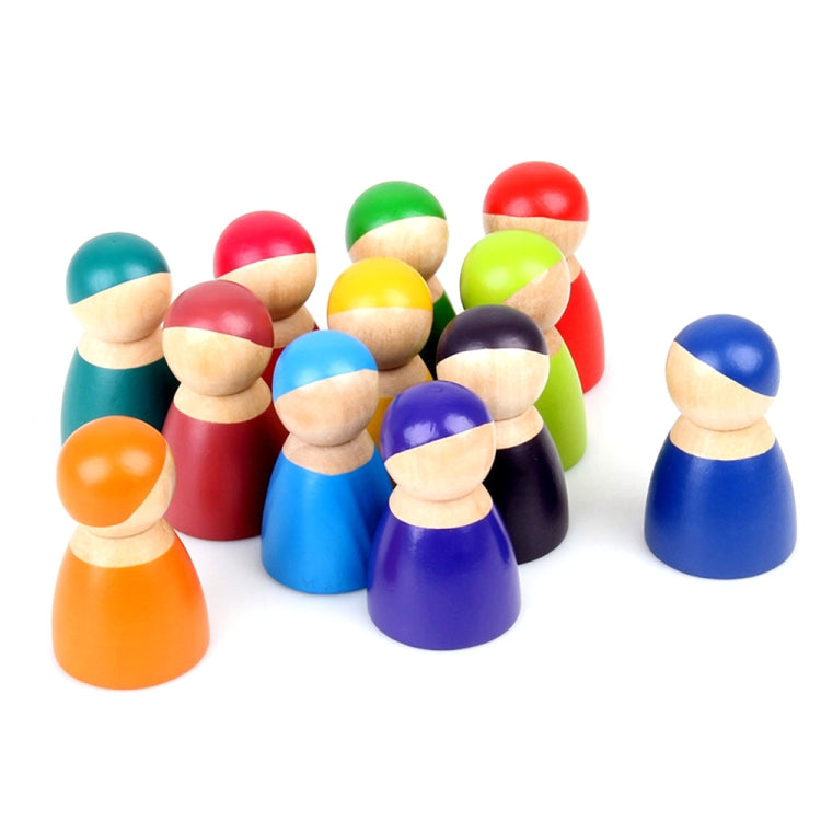 Set of 12 rainbow wooden peg dolls with painted round heads and cylindrical bodies