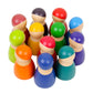 Cluster of 12 rainbow-colored wooden peg dolls with round heads on blocky bases