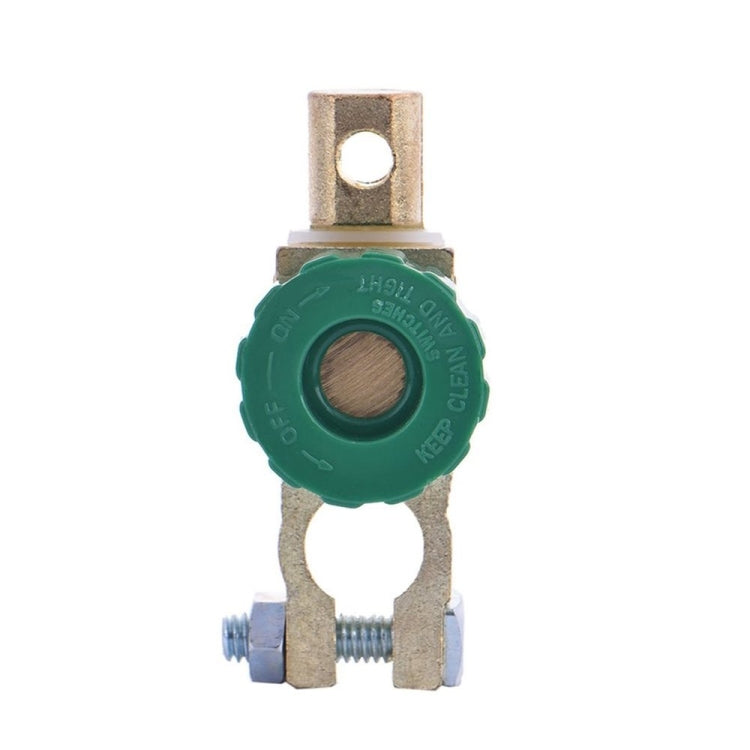 Power failure protection switch with green insulator and forked metal terminals