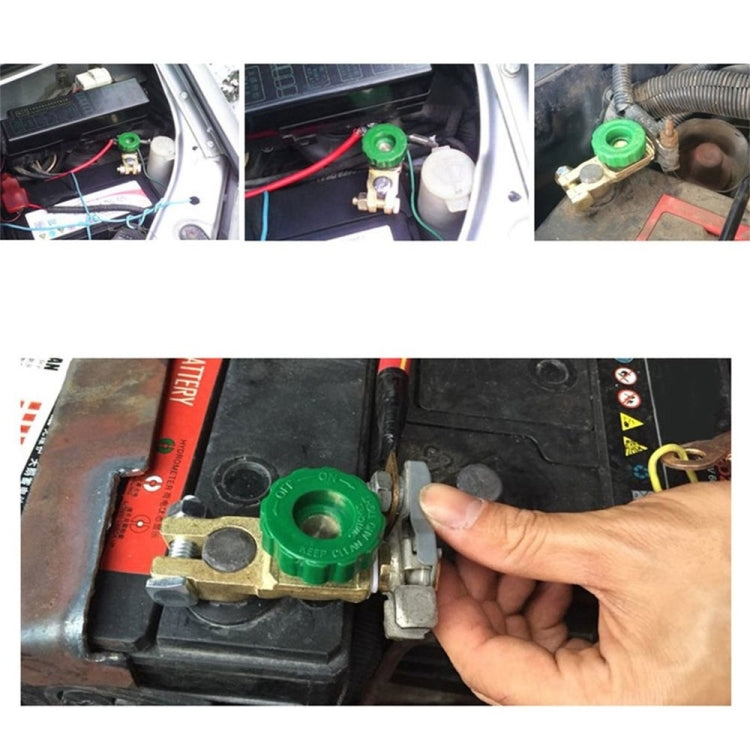 Power failure protection switch installed on a car battery with green control knob