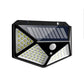 Outdoor solar wall light with black housing, triangular LED clusters, and circular sensor