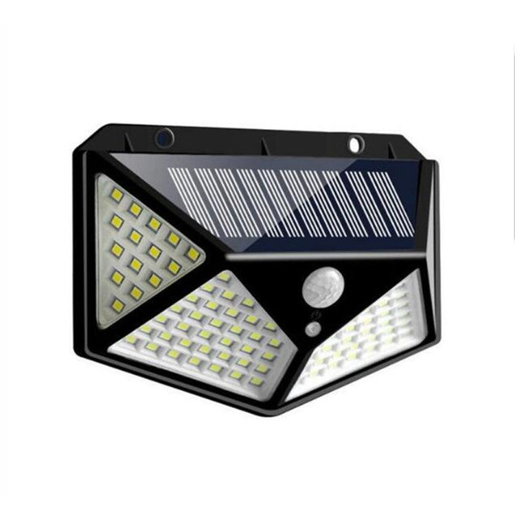 Outdoor solar wall light with black housing, triangular LED clusters, and circular sensor