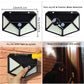 Outdoor solar wall light with size markings, screw mounting, and bright illuminated LEDs