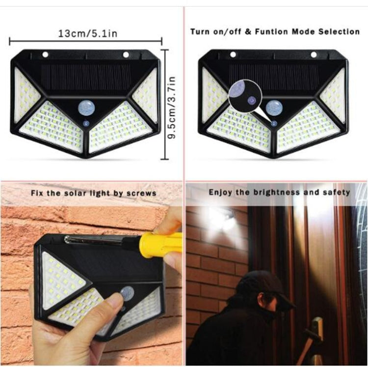 Outdoor solar wall light with size markings, screw mounting, and bright illuminated LEDs