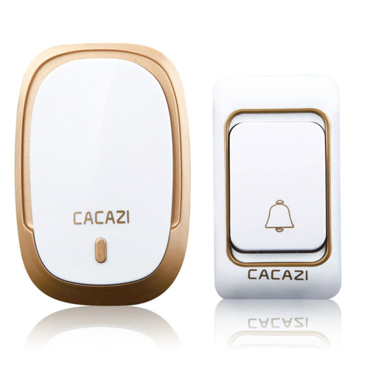 Wireless smart doorbell pager, white front with tan frame and bell icon button