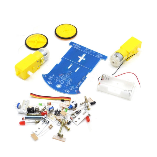 DIY electric tracking car kit components with blue PCB, two yellow wheels, battery holder