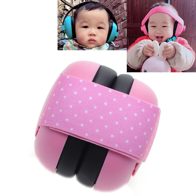 Newborn baby wearing pink earmuffs with black ear pads and adjustable polka-dot headband