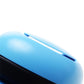 Light blue earmuff ear cup with black inner padding and adjustable headband slot