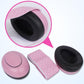 Set of pink baby earmuff parts: dotted headband and black ear pads with pink cups
