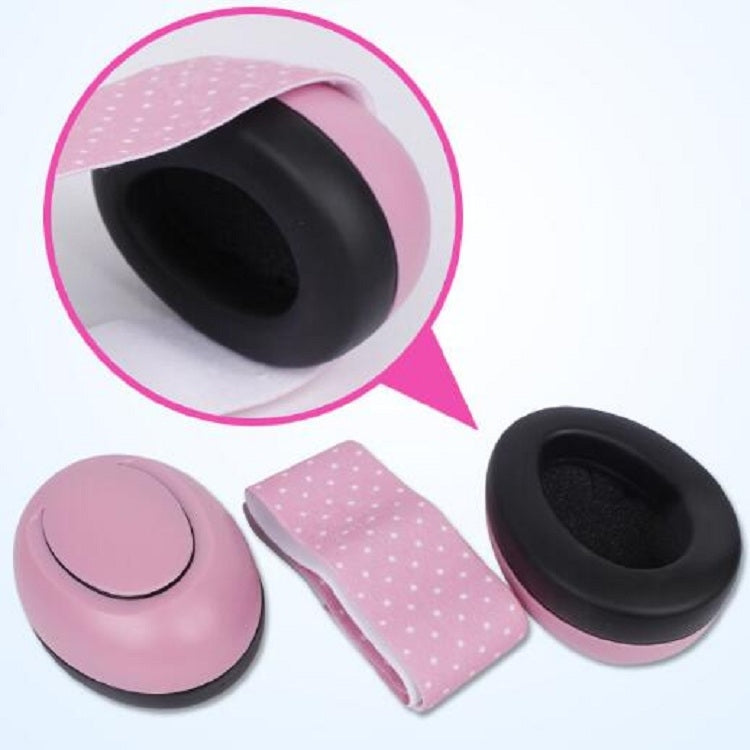 Set of pink baby earmuff parts: dotted headband and black ear pads with pink cups