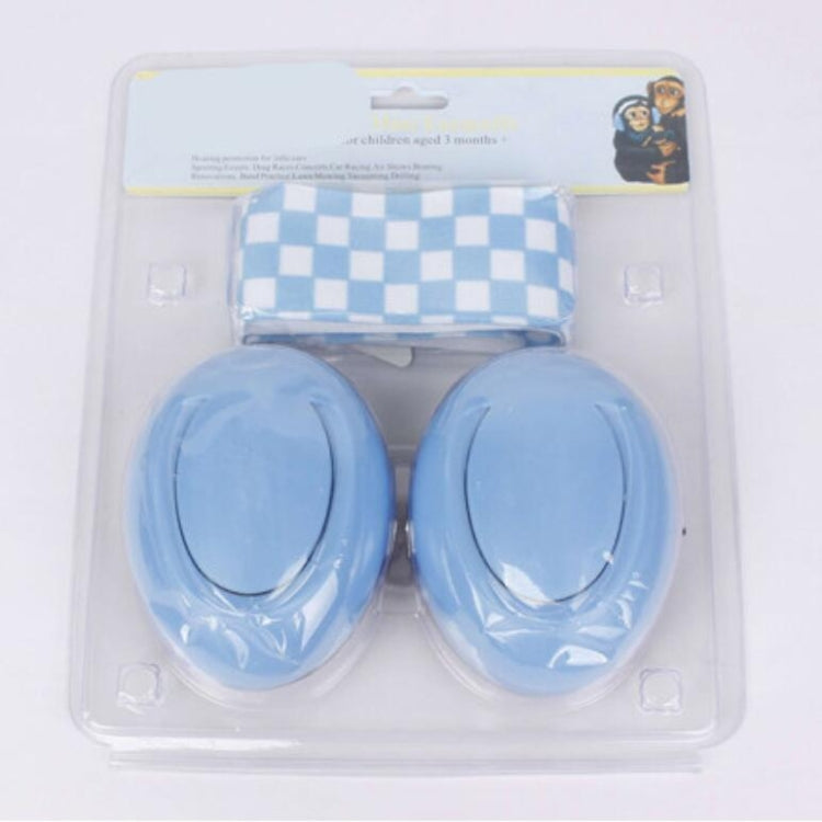 Light blue baby earmuffs in retail blister pack with black-backed ear pads